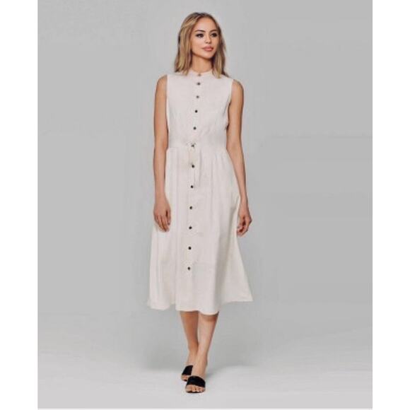 Whowhatwhere Cream Sleeveless Mock Neck Button Front Pocket Linen Midi Dress SM - Picture 1 of 16